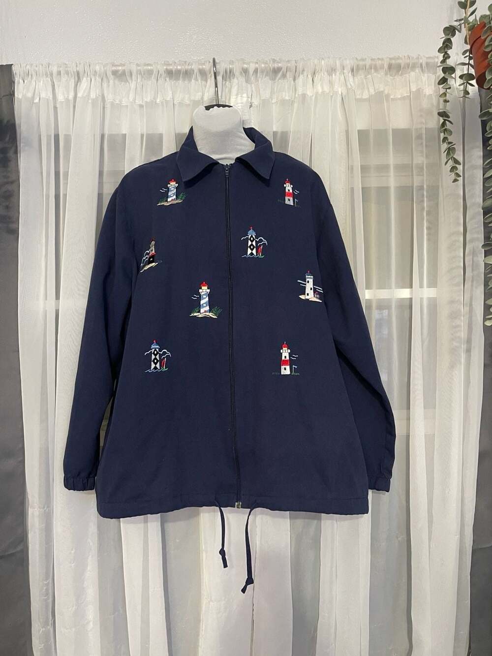 VTG Bon Worth Navy Blue Embroidered Lighthouse Nautical Full Zip Jacket